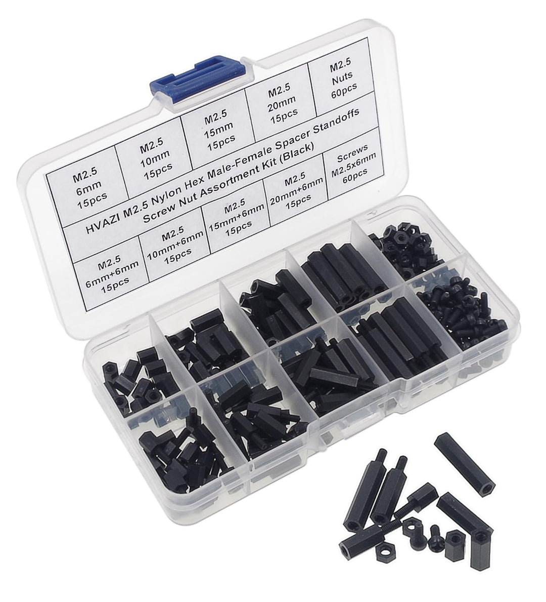 240pcs M2.5 Nylon Hex Spacer Standoffs Screws Nuts Assortment Kit;Male-Female(Black)