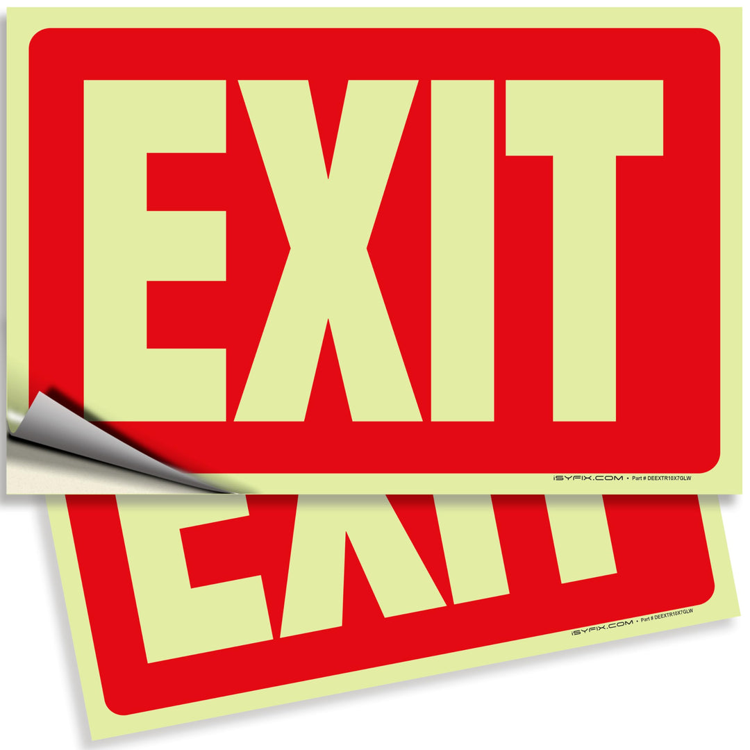 Exit Glow in the Dark Sign Stickers Red – 2 Pack 10x7 Inch – Photoluminescent Vinyl, Laminated for UV, Weather &amp; Fade Resistance, Indoor &amp; Outdoor for Business, School, Office, Warehouse