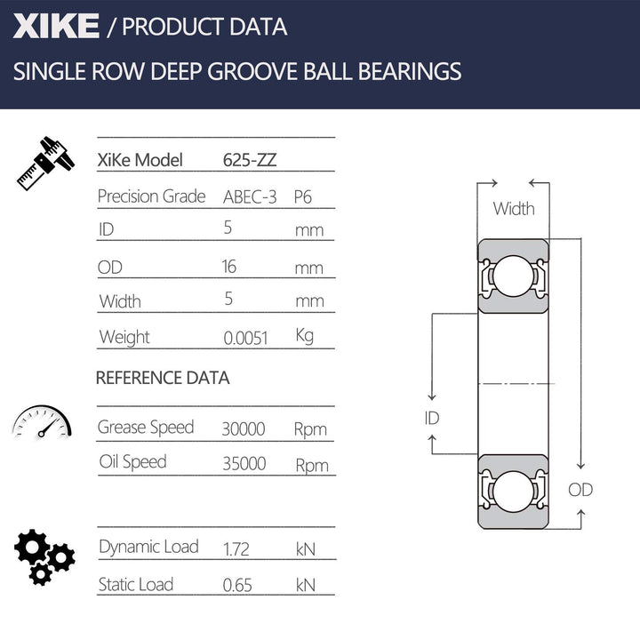 XiKe 625ZZ Double Metal Seal Bearings 5x16x5mm, Pre-Lubricated and Stable Performance and Cost Effective, Deep Groove Ball Bearings(10 Pack).