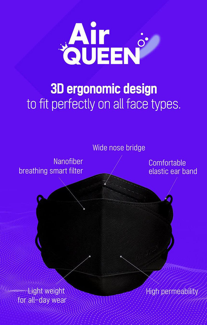 Black AirQueen Nano Fiber Filter Face Safety Mask for Adult, Individually Packaged, Made in Korea [Pack of 10]