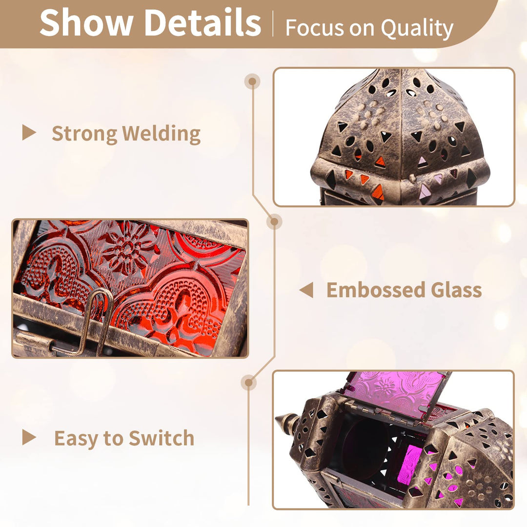 2 Pcs Hanging Hexagon Decorative Moroccan Candle Lantern Holders, Handmade Hanging Tea Light Holder in Bronze Metal &amp; Red &amp; Purple Glass Gift &amp; Decor Items