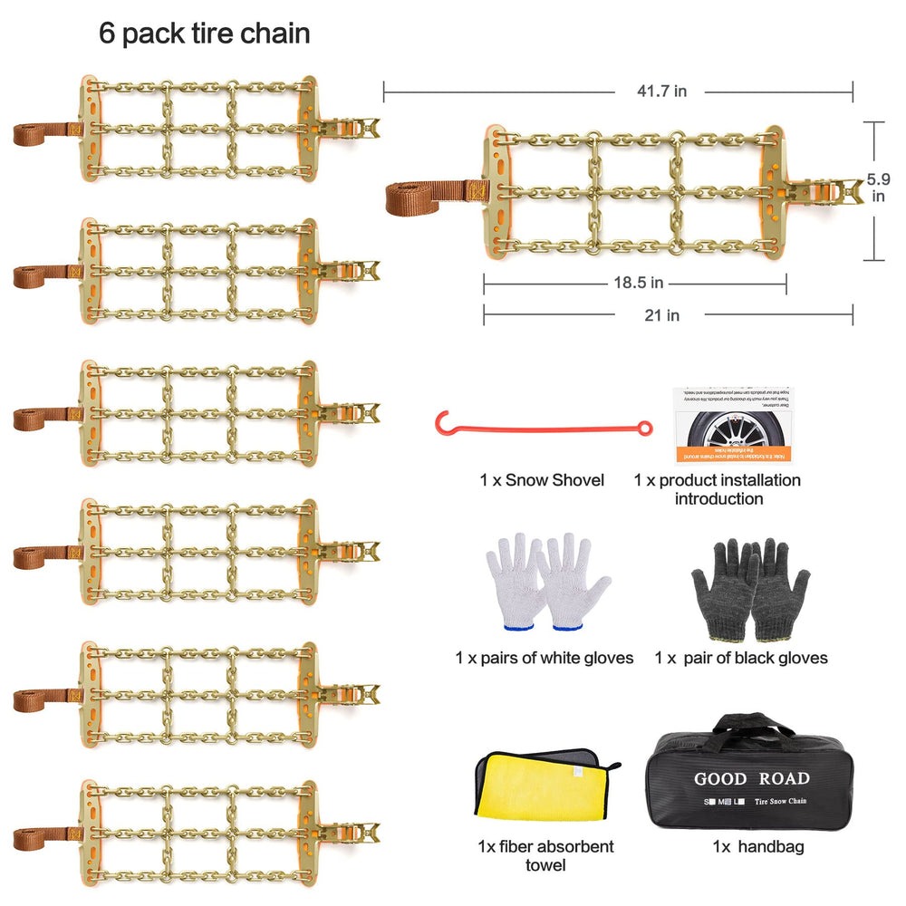 Emergency Snow Chains, Tire Chains with Thickened Manganese Steel for Car Truck SUV in Ice, Sand and Mud(6 Packs, Tire Width 195-235mm)