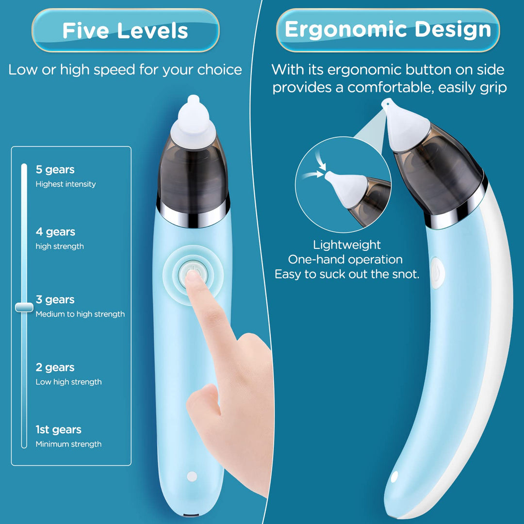 Baby Nasal Aspirator Automatic Nasal Sucker Electric Baby Nose Cleaner Nose Mucus Boogies with 5 Levels of Suction Rechargeable Portable Mucus Remover for Newborn Infant Toddler (Blue)