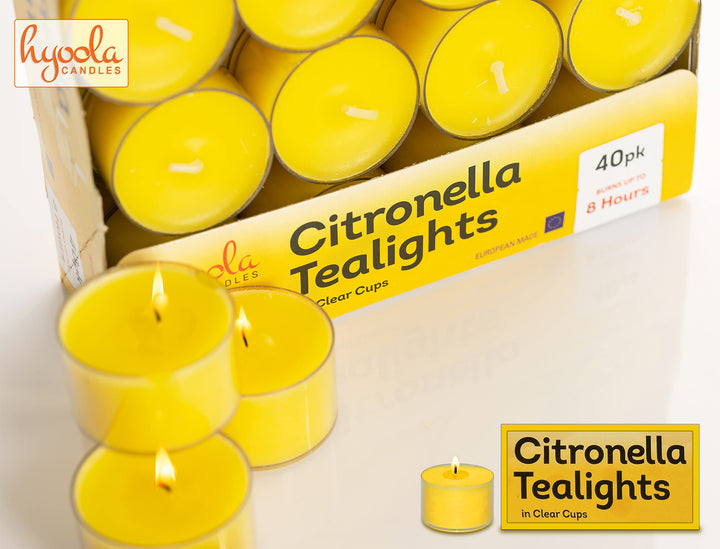 Tealight Citronella Candles Outdoor - 8 Hour Burn Time - Indoor and Outdoor Mosquito, Insect and Bug Repellent Citronella Candle - Natural Fresh Scent - Decorative in Clear Cup - 40 Pack