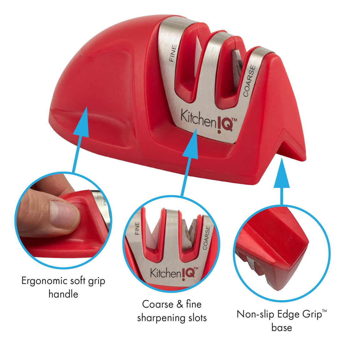 50883 Edge Grip 2-Stage Knife Sharpener, Red, Coarse &amp; Fine Sharpeners, Compact for Easy Storage, Stable Non-Slip Base, Soft Grip Rubber Handle, Straight &amp; Serrated Knives
