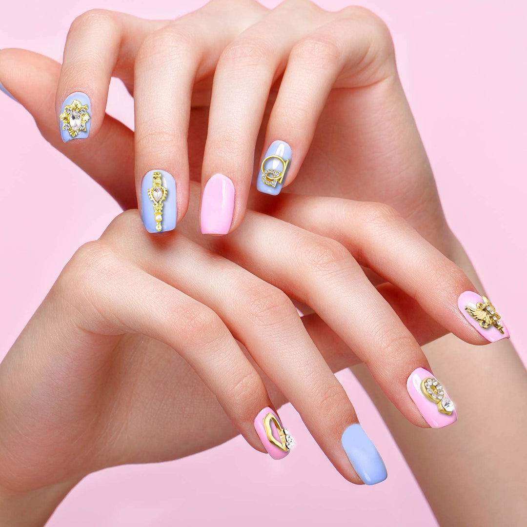 24x 3D Bling Rhinestones Nail Trims Studs Luxury Art Beauty Design Decoration, Gold Metal with Diamonds Gem Stones Various Styles Charms Manicure Nails Jewelry Making DIY Crafts Women Girls Xmas