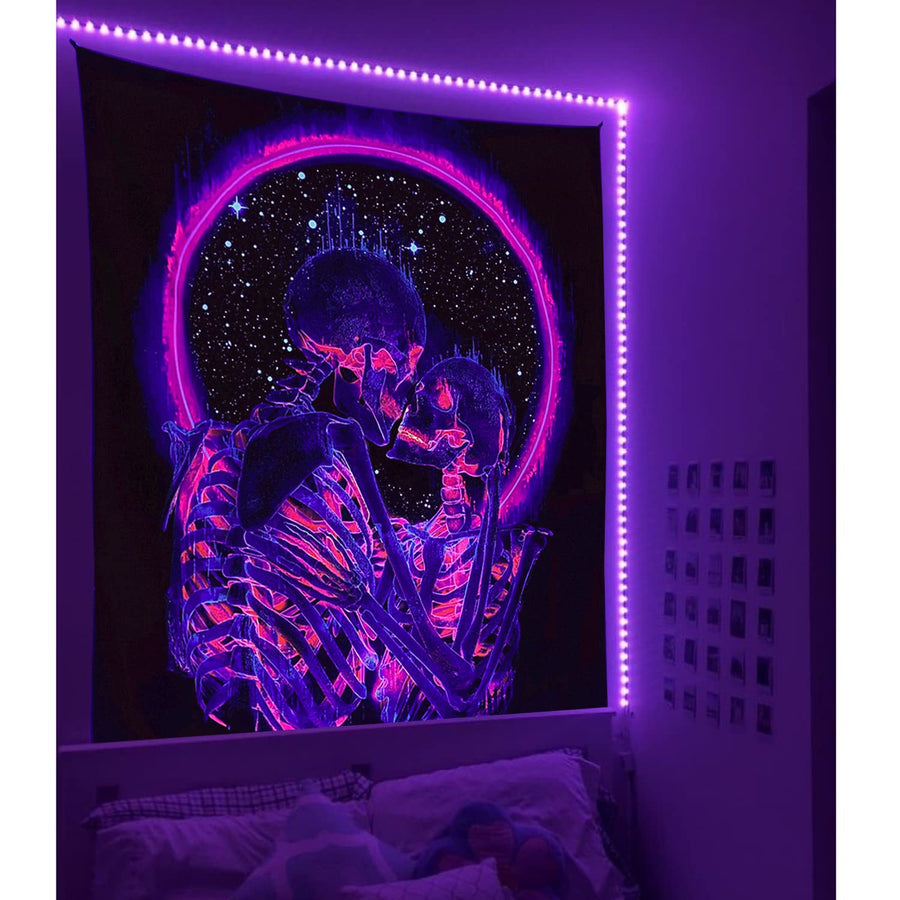 Blacklight Skull Tapestry, The Kissing Lovers Tapestry UV Reactive Trippy Neon Tapestries Glow in the Dark Party Backdrop, Skeleton Wall Art for Bedroom Living Room – 51.2 x 59.1