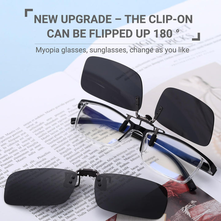 Polarized Clip on Sunglasses for Prescription/Myopia Eyeglasses Outdoor/Driving (Black-upgrade flip)
