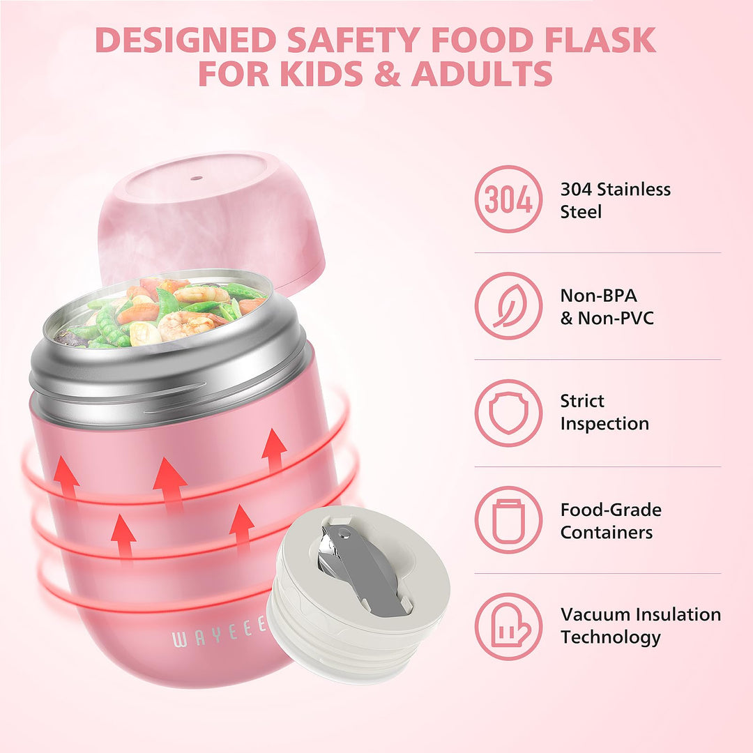 Food Containers for Hot Food Insulated Food Jar, Vacuum Bento Box Lunch Containers 16 oz for Kids Adults, Airtight Stainless Steel Soup Containers with Spoon, for School, Travel, Picnic - Pink