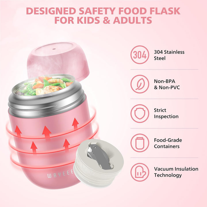 Food Containers for Hot Food Insulated Food Jar, Vacuum Bento Box Lunch Containers 16 oz for Kids Adults, Airtight Stainless Steel Soup Containers with Spoon, for School, Travel, Picnic - Pink
