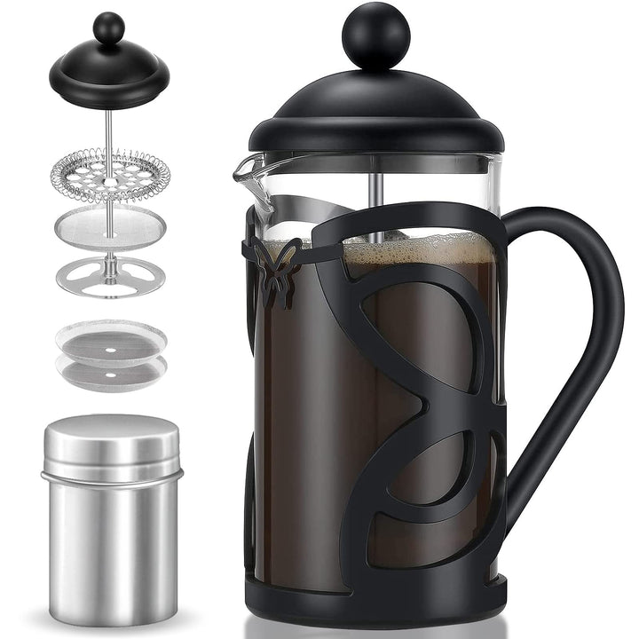 French Press Coffee Maker, 3 Level Filtration System, Coffee Press with Heat Resistant Borosilicate Glass, 12oz Coffee French Press with Coffee Scoop w/Clip &amp; 2 Extra Filters (Black)