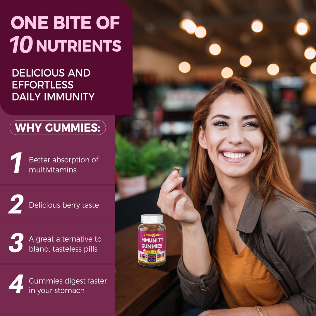 10-In-1 Immune Gummies with Multivitamins, 100% Daily Zinc, Vitamin C &amp; D3 Immunity Supplement + Echinacea, Sambucus Elderberry, Turmeric, Magnesium - Immune Support, Overall Health, Sugar Free, 60Cts