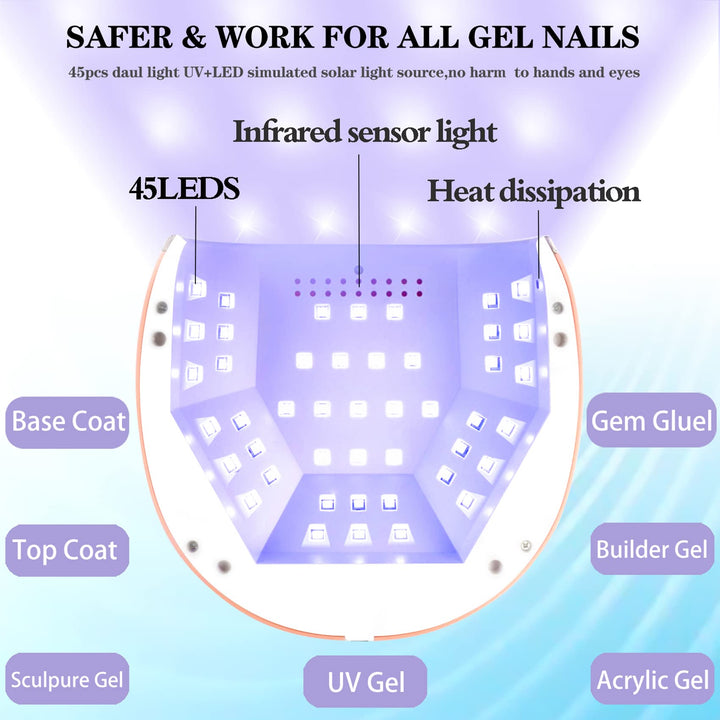 158W Fast Gel LED Nail Light for Gel Polish, Professional Curing with 45 Lamp Beads,UV Nail Dryer with 4 Timer Setting Auto Sensor for Fingernail and Toenail Home Salon Use