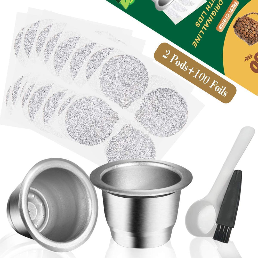 Reusable Capsules for Nespresso OriginalLine, Refillable Coffee Pods Stainless Steel Cups Compatible with Nespresso OriginalLine Brewer(2 Pods+100 Lids)