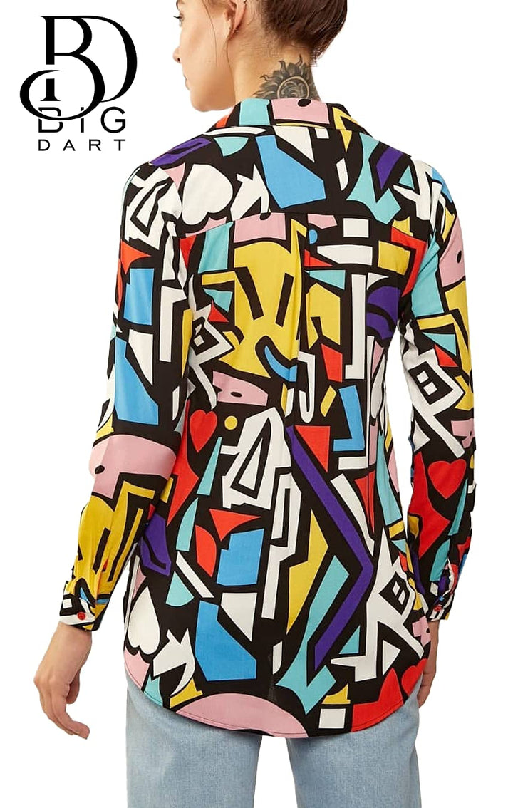 Blouses for Women Fashion, Casual Long Sleeve Button Down Shirts Tops, XS-3XL (Red Yellow Mix Colors, Medium)