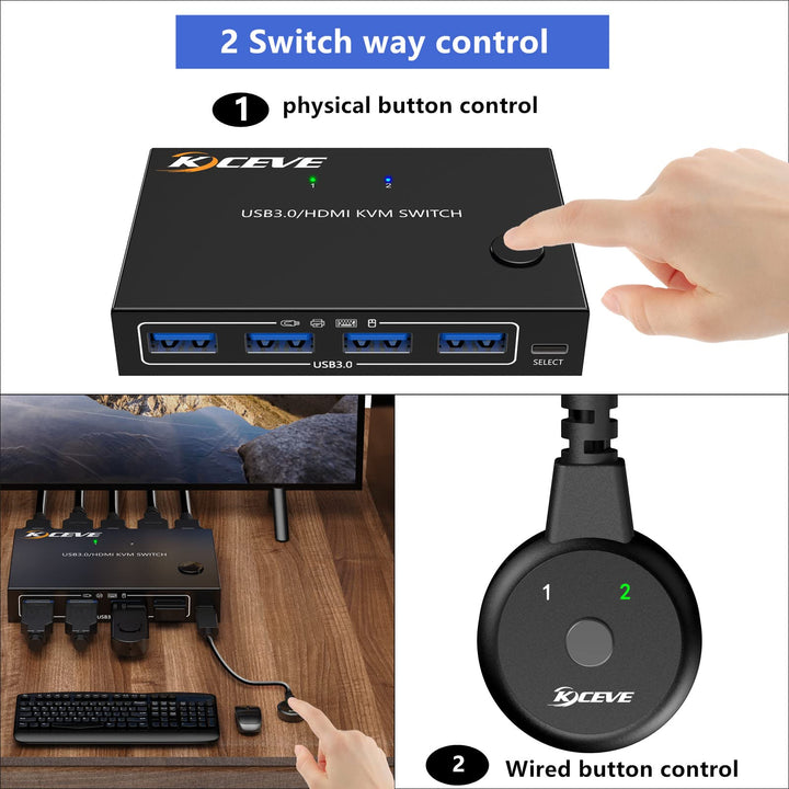 KVM Switch 2 Ports, HDMI USB KVM Switcher Support Keyboard Hotkey Switch Way, for 2PC Share One Keyboard Mouse and Monitor, HUD 4K (3840x2160) Supported