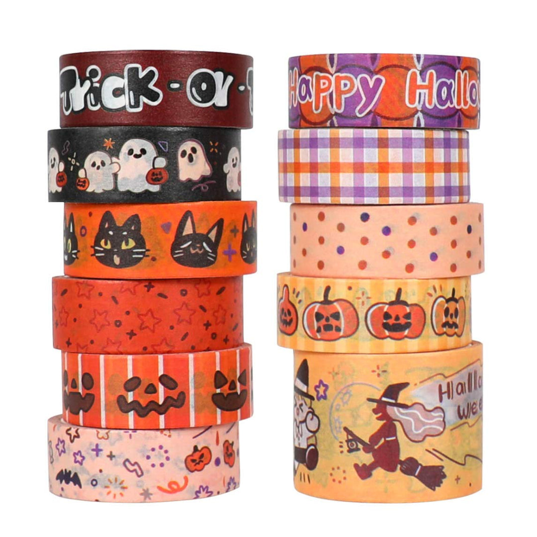 Halloween Washi Tape - Holiday Washi Tape Set with Cat, Pumpkin, Ghost, Witch, Perfect for Bullet Journal, DIY Crafts, Planner, Scrapbook, Gift Packaging