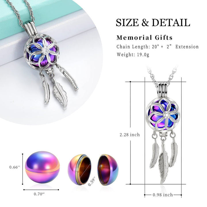 Dream Catcher Urn Necklace for Ashes for Women Men Cremation Jewelry Flower Feather Keepsake Memorial Hollow Pendant,Rainbow
