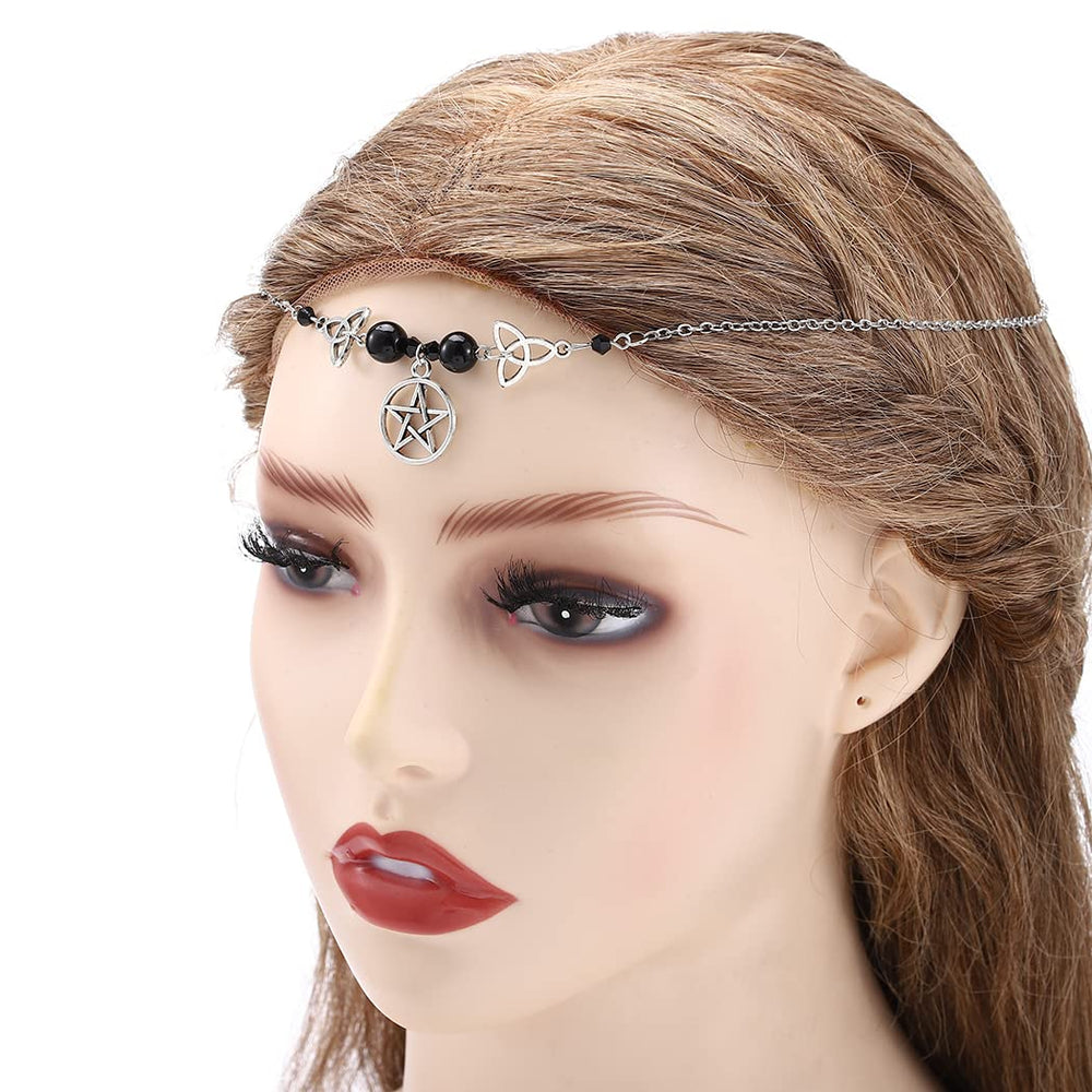 Boho Crystal Head Chain Star Headpieces Circle Infinite Knot Goddess Hair Chain Vintage Forehead Chain Jewelry Rhinestones Headbands Halloween Hair Accessories for Women and Girls (Black)