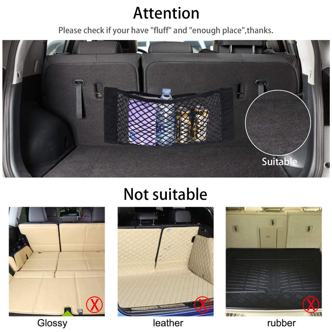 2 Pack Car Trunk Net Mesh Auto Cargo Storage Organizer Small Elastic SUV Netting Pocket Wall Sticker Add on Pouch Bag, 24 x 10 inch