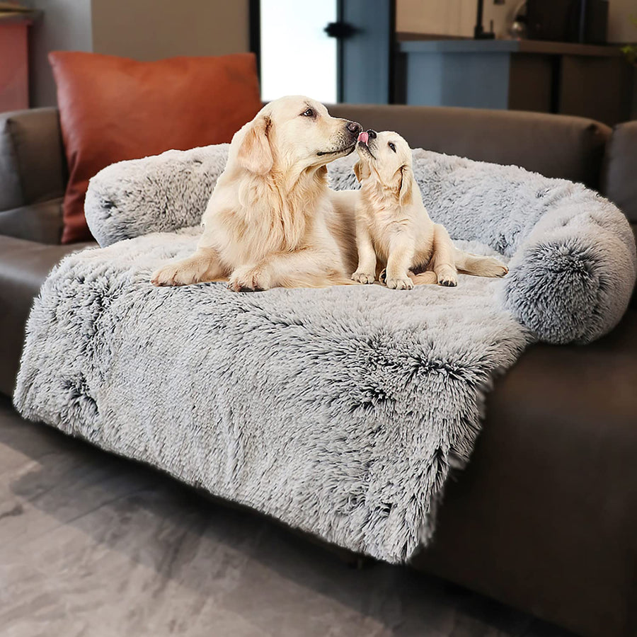 Luxurious Calming Dogs/Cats Bed Mats, Washable Removable Couch Cover, Plush Long Fur Mat, Waterproof Lining, Perfect for Small, Medium and Large Pets (Gradient Gray, XL)