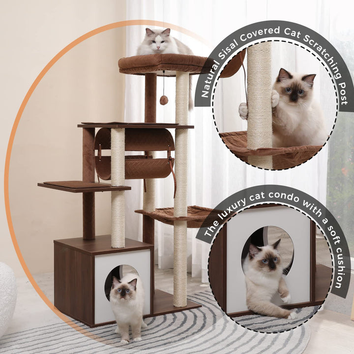 51.4 Inches Modern Cat Tree Premium 6 Levels Wooden Cat Tower with Fully Sisal Covered Scratching Posts, Cozy Condo, Spacious Perch, Super Large Hammock and Swing Tunnel for Indoor Cats Brown