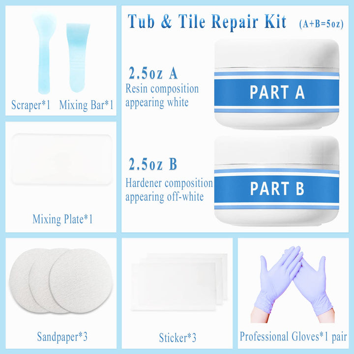 Bathtub Repair Kit 5oz White for Repairing Bathtubs, Ceramic Tiles &amp; Acrylic Repair Kit for Porcelain, Fiberglass, Ceramics, Sinks, Porcelain Countertops Cracks, Holes, Scratches