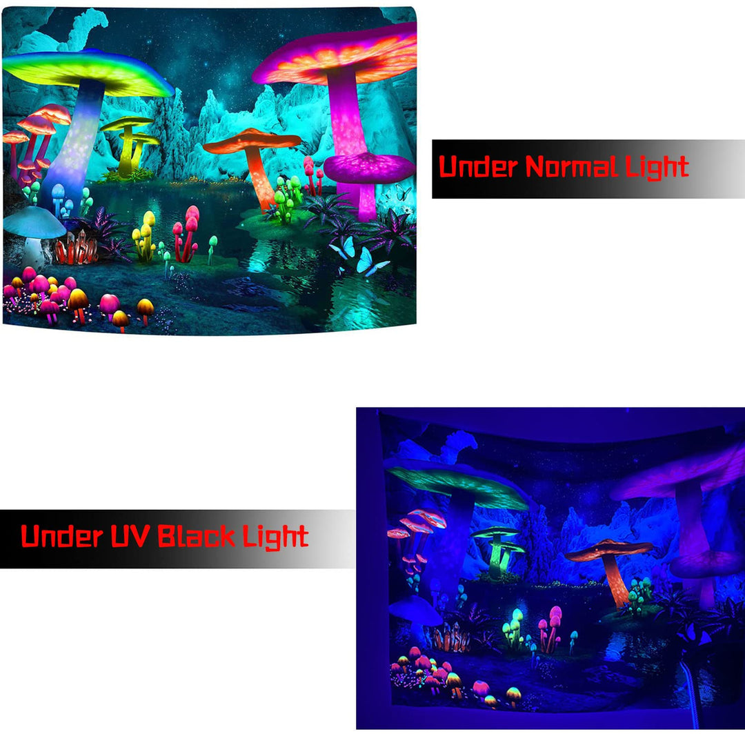 Astronaut and Mushroom Forest Planet Blacklight Tapestry UV Reactive Tapestry for Bedroom Trippy Tapestry Black Light Tapestry Aesthetic Wall Hanging for Room Home Decor