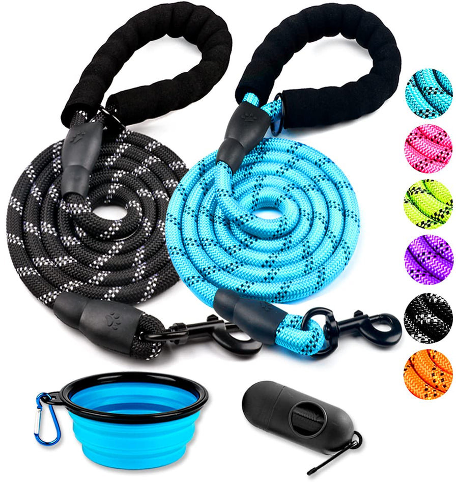 2 Pack Dog Leash 5 FT Heavy Duty - Comfortable Padded Handle - Reflective Dog Leash for Medium Large Dogs with Collapsible Pet Bowl