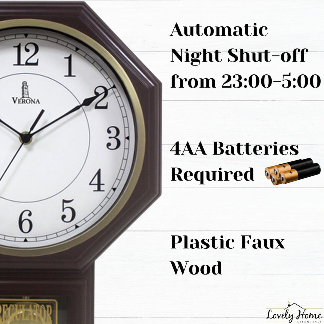 Chiming Wall Clock with Pendulum - Pendulum Wall Clock with Chimes - Schoolhouse Regulator Clock - Westminster Chime Clock Battery Operated Pendulum Clock for Living Room, Office &amp; Home Decor 17x11