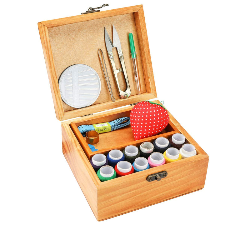 Sewing Kit, Wooden Sewing Kit Box for Adults, Wooden Sewing Basket with Accessories, Home Sewing Basket Stitching Repair Kit for Beginner, Women, Men (Brown)