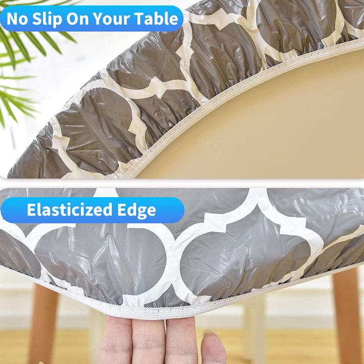 mimdmi Table Cloth, Fitted Round Plastic Vinyl Tablecloth with Flannel Backing and Elastic Edge, Waterproof Table Protector for Dining Room Table (Grey Stripe, Small, 36 in -42 in )