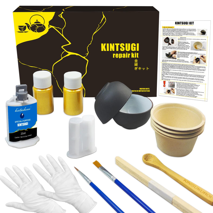Kintsugi Repair Kit, Repair Your Meaningful Pottery with Kintsugi Gold Glue - Kintsugi Kit Comes with Two Practice Ceramic Cups for Starter Practice