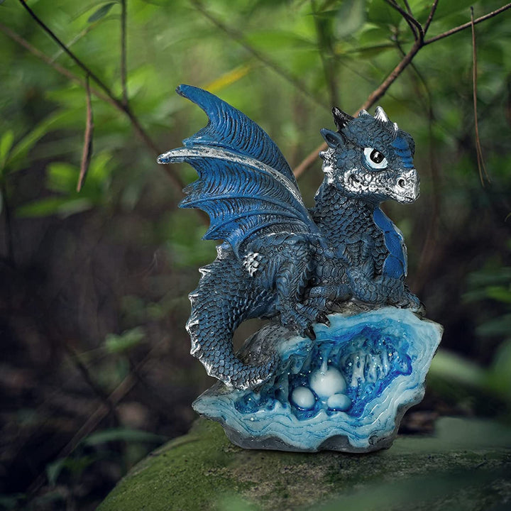 Blue Medieval Baby Dragon with Crystal Egg Nest Decorative Figurine