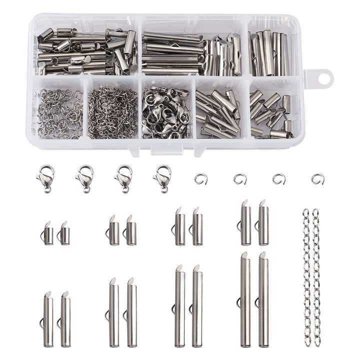 Beadthoven 260pcs 8sizes Stainless Steel Tube Slide On End Clasps with Twist Extender Chains Jump Rings Lobster Claw Clasps Crimp Cord Ends Findings for Jewelry Making 8/10/13/16/20/25/30/35MM