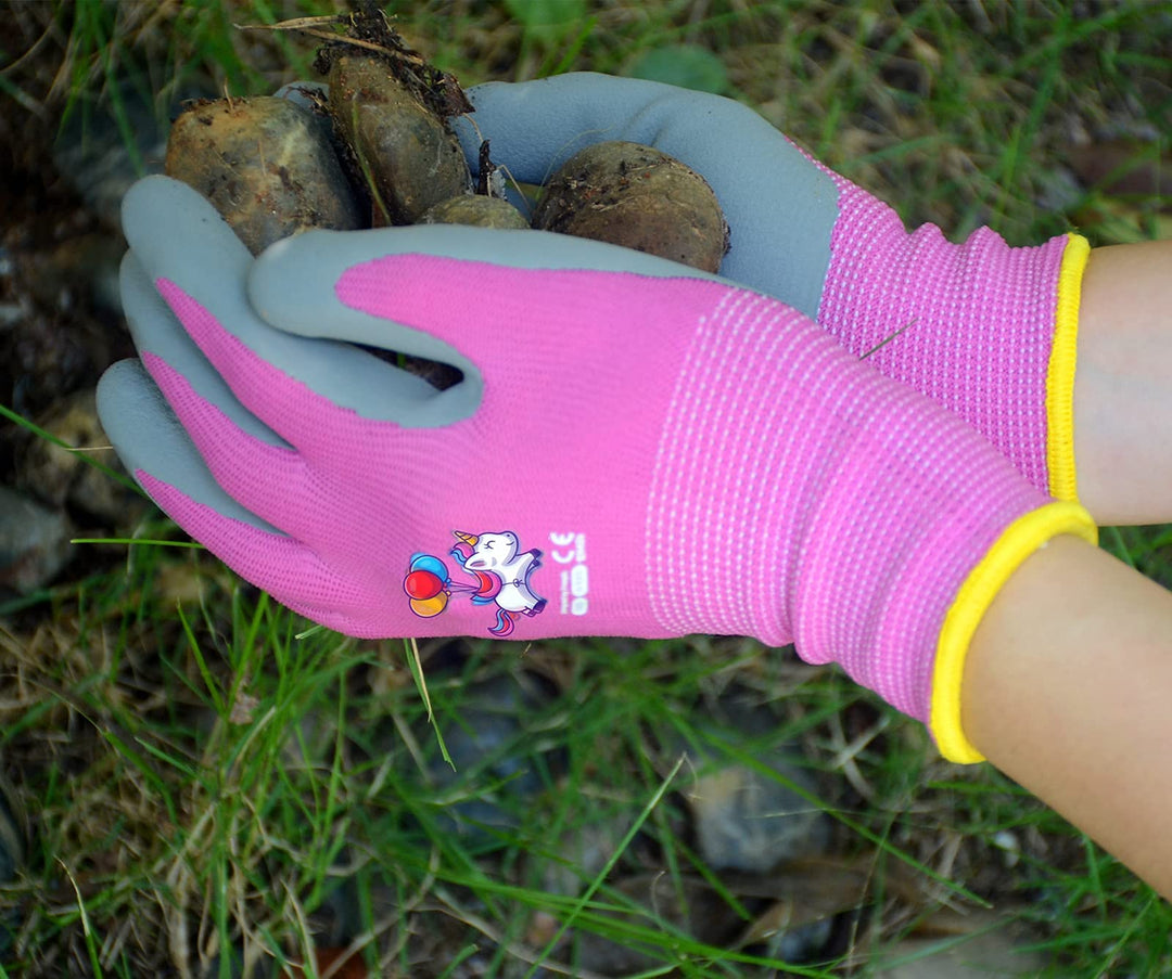 Ages 5-7 Kids Gardening Gloves,Yard Work Gloves for Toddlers, Youth, Girls, Boys, Childrens, Soft Safety Rubber Gloves (XXS Age 5-7, 2 Pairs Pink Unicorn)