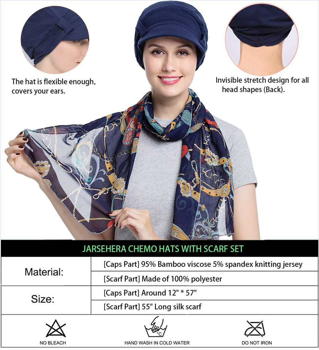 Chemo Hats for Women Bamboo Cotton Lined Newsboy Caps with Scarf Double Loop Headwear for Cancer Hair Loss Navy Blue