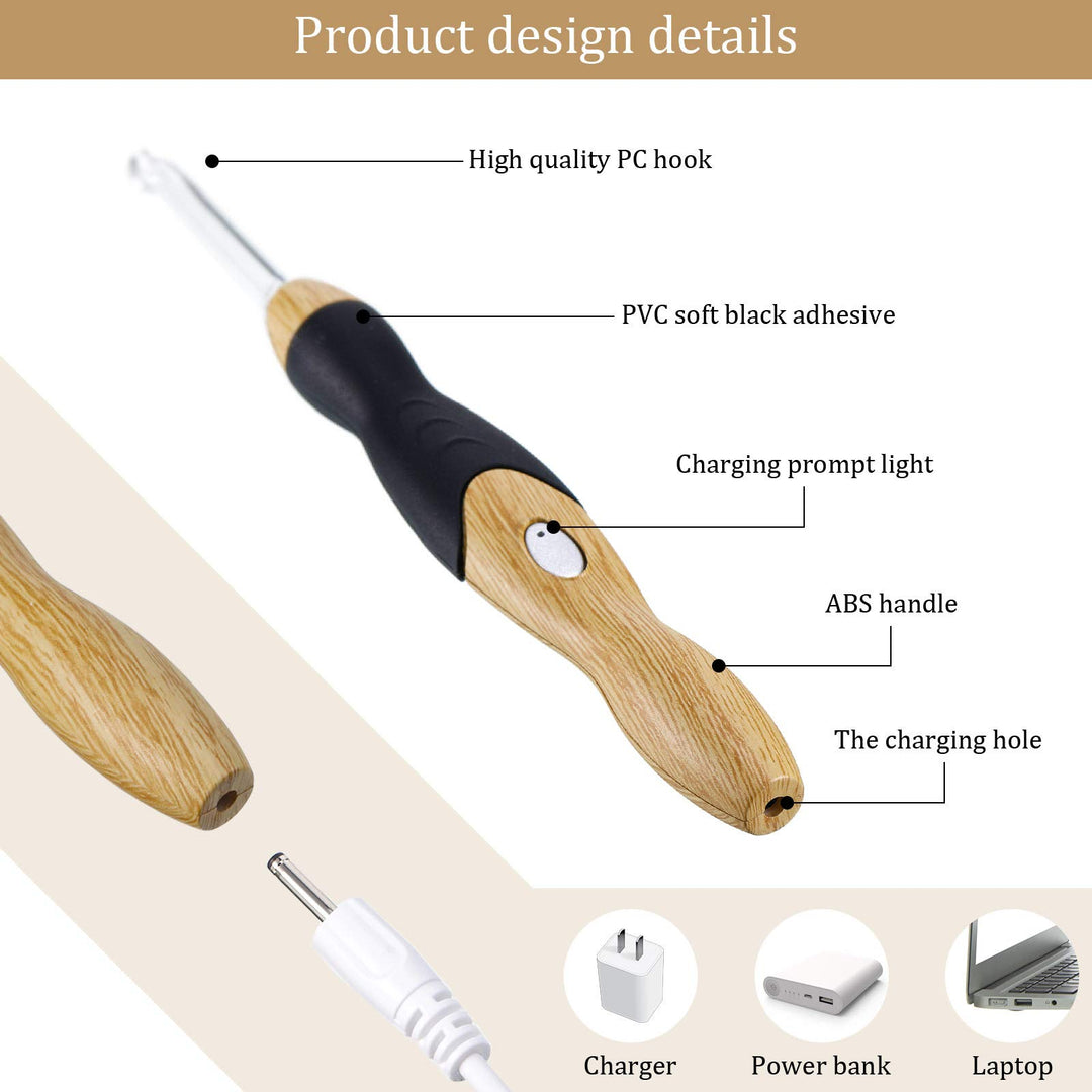 11 Sizes Lighted Crochet Hooks Set Rechargeable Light Up Crochet Hooks with Case, Interchangeable Heads 2.5 mm to 8 mm for DIY Craft Supplies (Wood Color-Black)