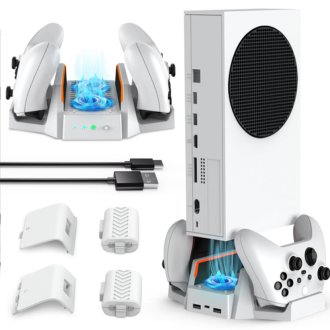 Upgraded Xbox Series S Cooling Stand with Dual Cooling Fan 3 Level Adjustable Speed, Dual Controller Charger with LED Indicator USB Port - 2 x 800mAh Rechargeable