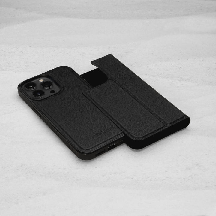 Leather Case Compatible with iPhone 14 Pro Max – Genuine Leather MagSafe Compatible Bumper Case with Magnetically Detachable Cover with Kickstand (Black)