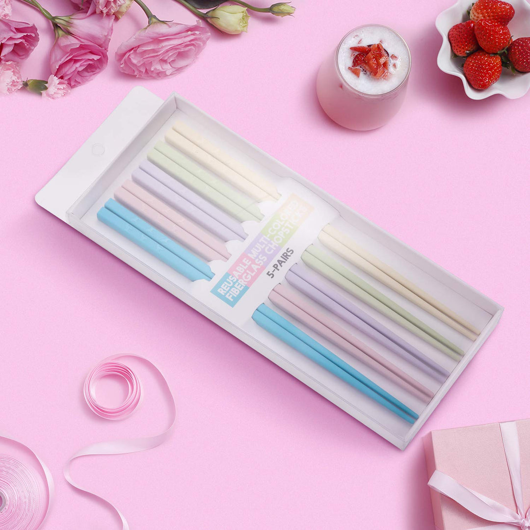 Hiware Reusable Fiberglass Chopsticks Dishwasher Safe, Lightweight, Multicolor - 5 Pairs Gift Set