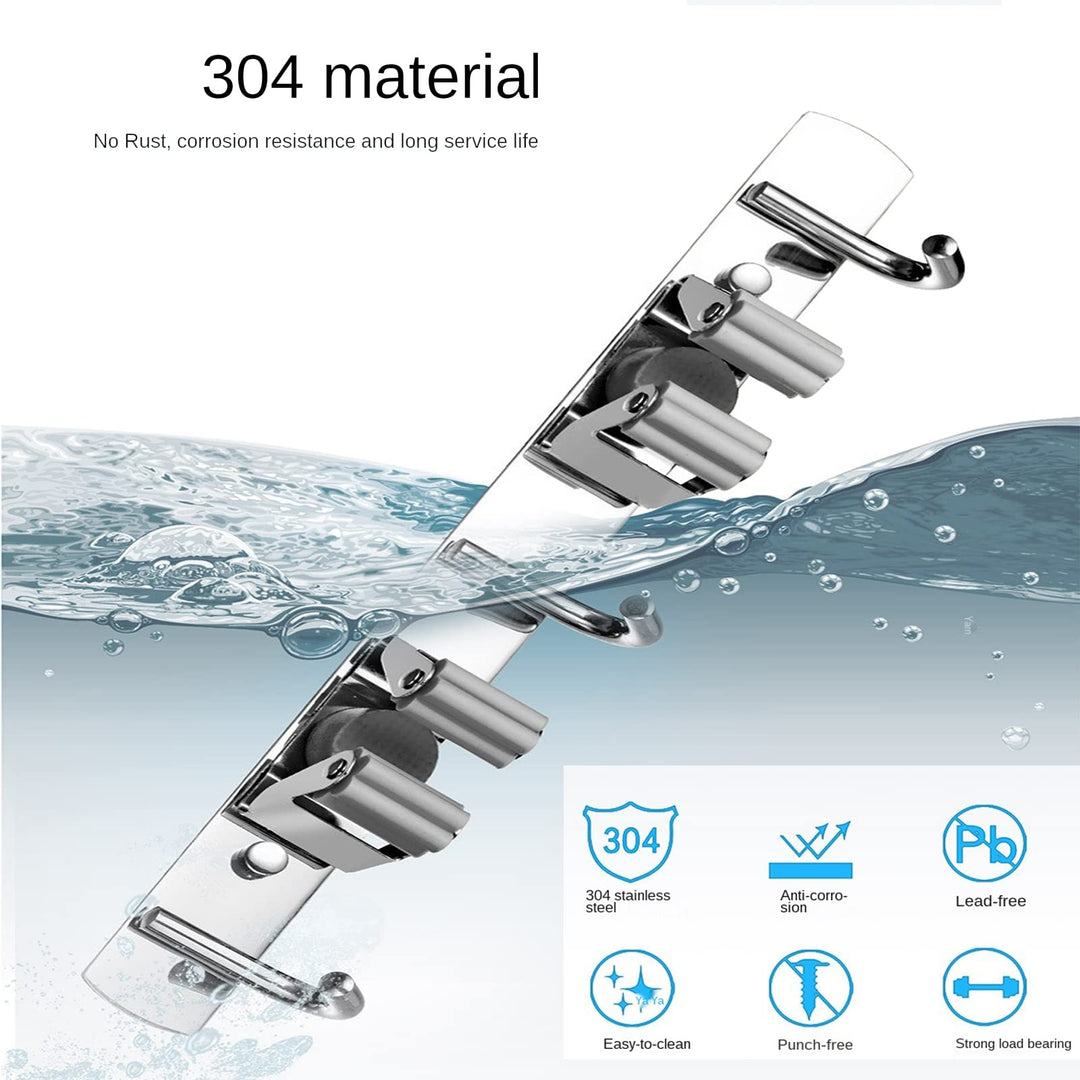 Stainless Steel Broom Holder Bathroom Storage Wall Mount Metal Holder for Heavy Duty Tool Organizer (3 Clips 4 Hooks)