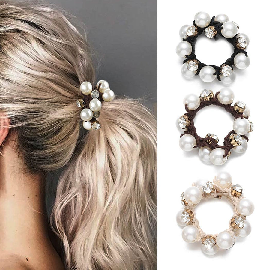Pearl Hair Ties Black Ponytail Holders Elastic Crystal Hair Scrunchies Pearl Hair Accessories for Women and Girls (Pack of 3)
