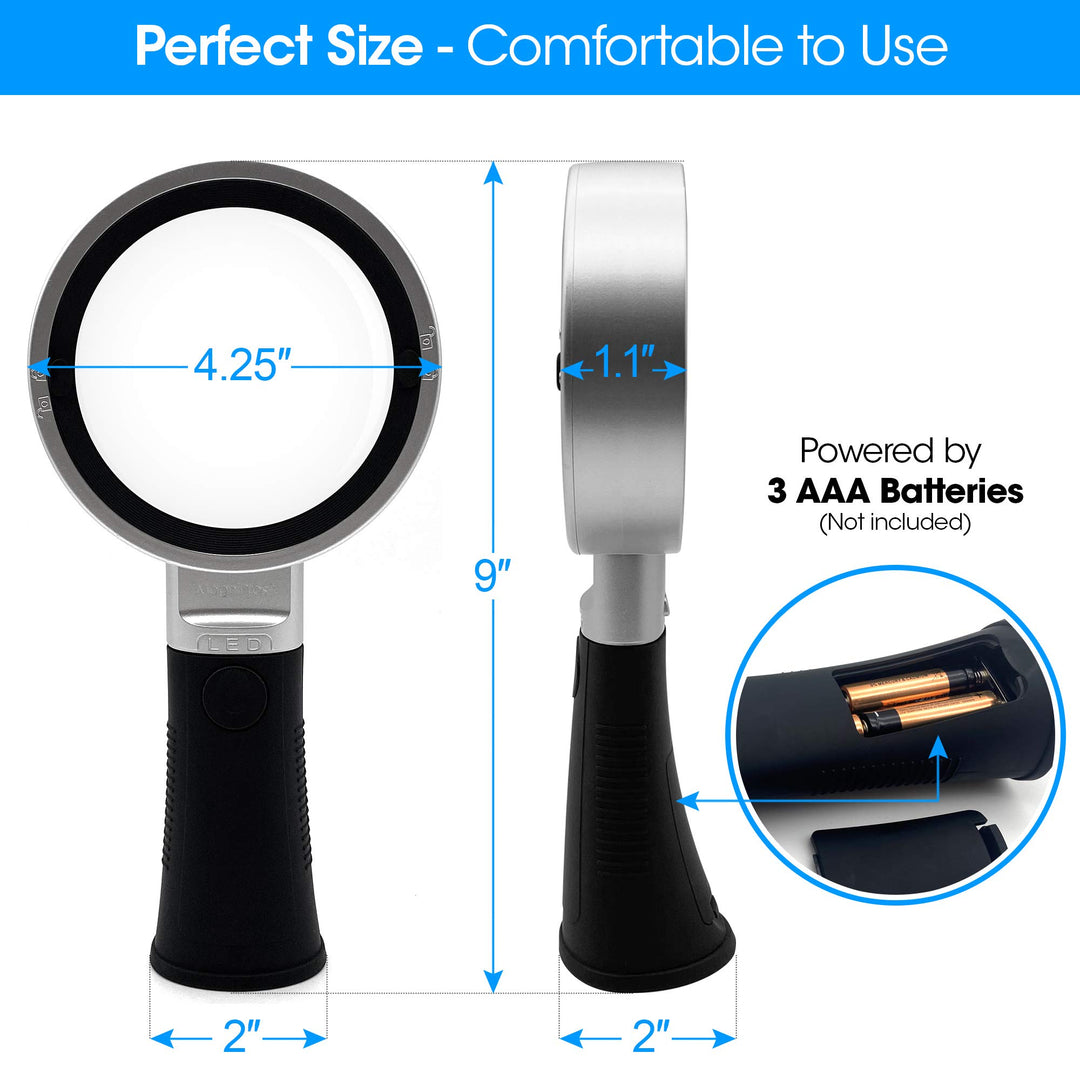 MagniPros Extra Large 10X Magnifying Glass with Detachable Lenses- 3 Color Modes with Self-Standing Non-Slip Ergonomic Handle for Hobbyists, AMD, Reading Fine Print, Seniors