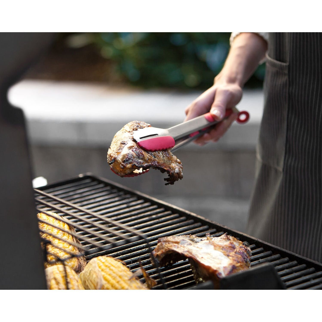 Locking BBQ Grilling Tongs with Stainless Steel and Silicone Heads, 15-Inch, Silver