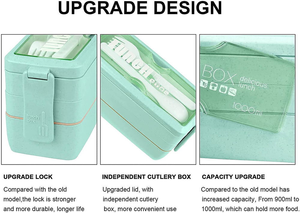 Stackable Bento Box with Lunch Bag, 3 Compartment Japanese Lunch Containers, Wheat Straw, All-in-1 Bento Lunch Box Kit for Adult Meal Prep Lunch Snack