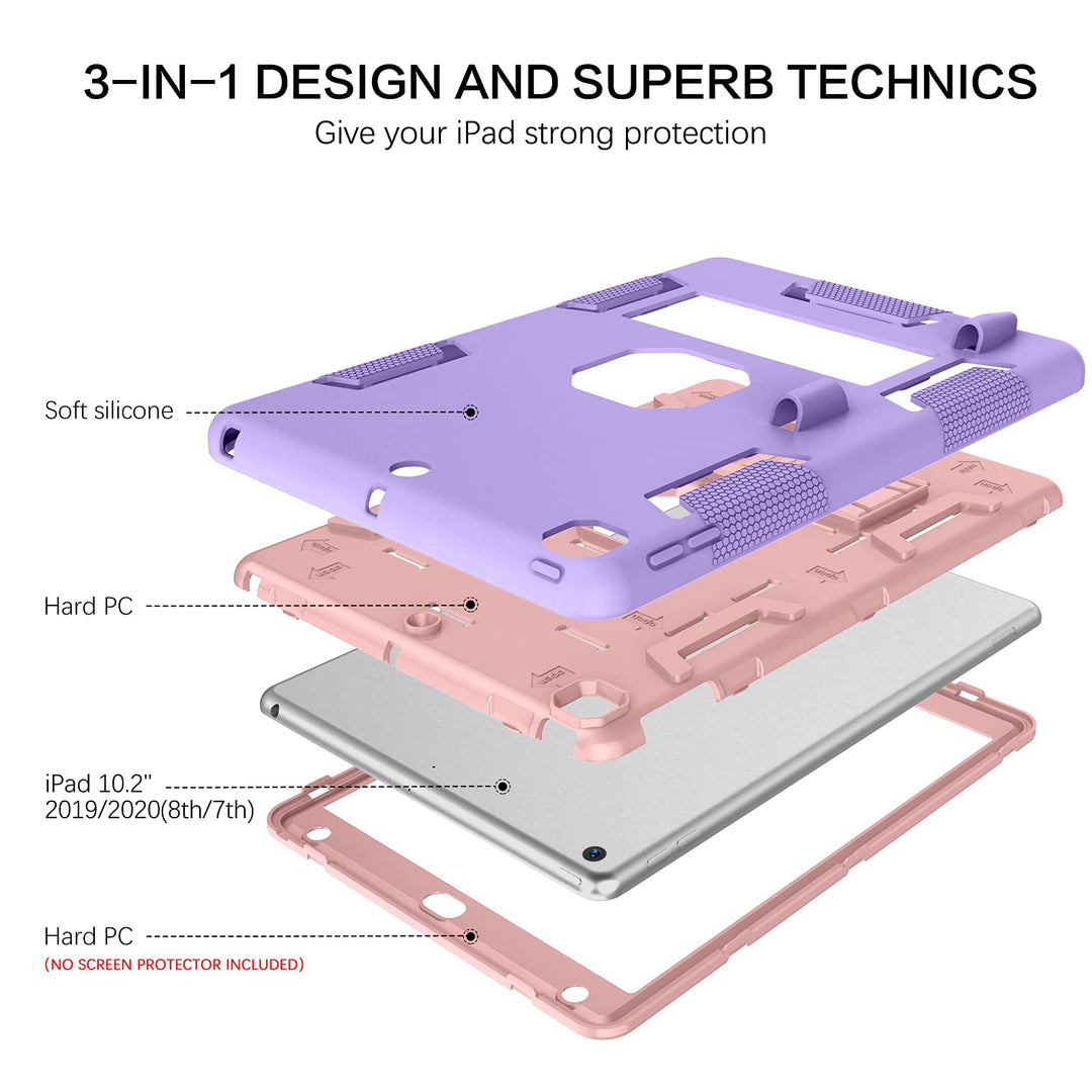 Case For iPad 7th/8th/9th Generation, iPad 10.2 2021/2020/2019, 3 in 1 Heavy Duty Rugged Shockproof Protective Tablet Cover with Stand Pen Holder,Purple/Rose Gold