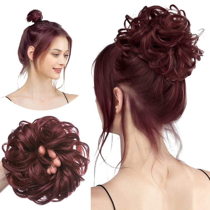 Messy Bun Hair Piece Wavy Curly Scrunchies Synthetic Chignon Ponytail Hair Extensions Burgundy Large Thick Updo Hairpieces for Women Girls Kids 1 PCS