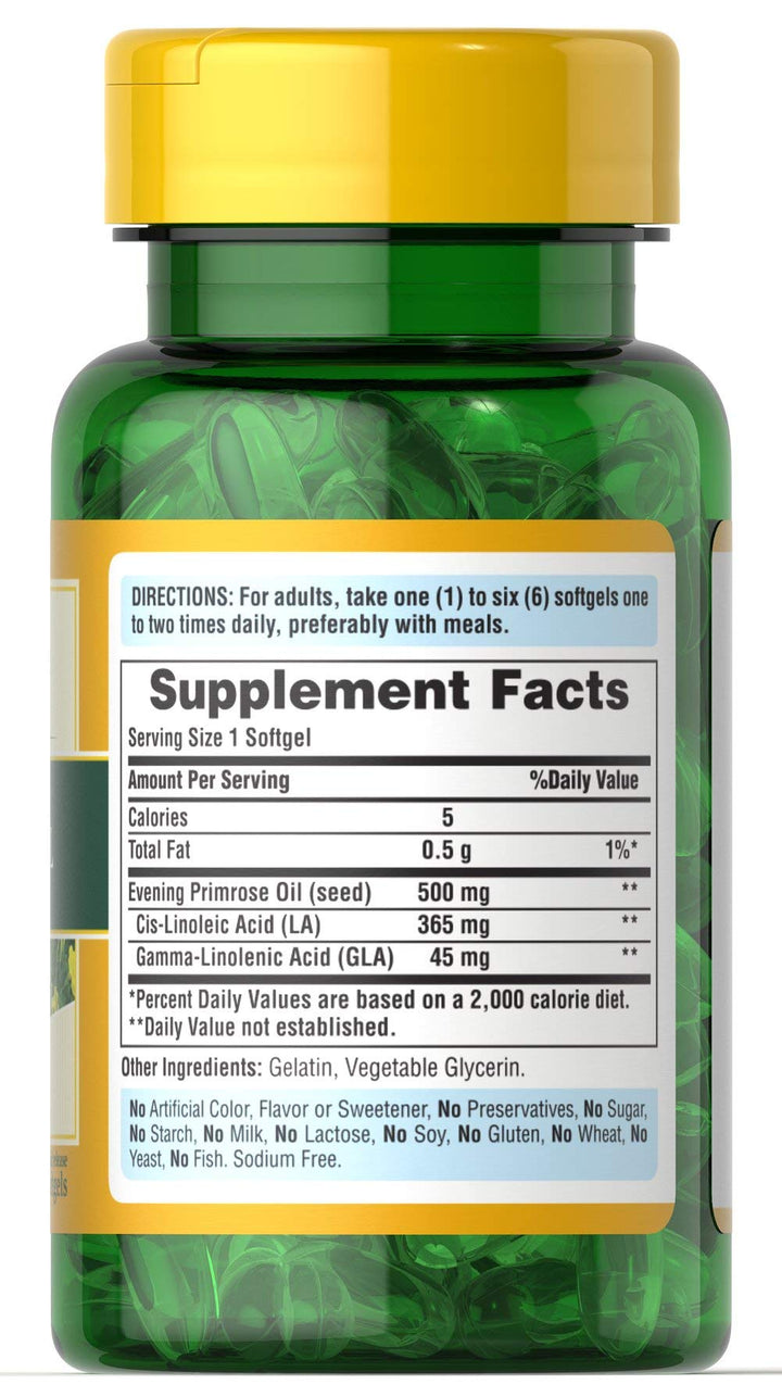 Puritan's Pride Cold Pressed Evening Primrose Oil 500 mg with GLA, Dietary Support Supplement for Womens Skin Health, 100 Rapid Release Soft Gels