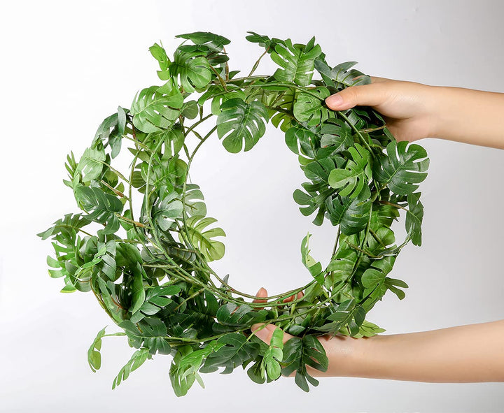 3 Pcs Artificial Monstera Leaf Vines, 5.7Ft Faux Tropical Jungle Hanging Plants Palm Safari Leaves, Faux Greenery Vines for Garden Porch Patio Beach Party Indoor Outdoor Décor